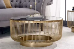 Runder Couchtisch VARIATION 80cm gold Metallgestell Schwarzglas Handarbeit