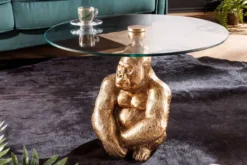 Runder Couchtisch WILDLIFE KONG 60cm gold Metall Glas Affenfigur Gorilla Skulptur handmade
