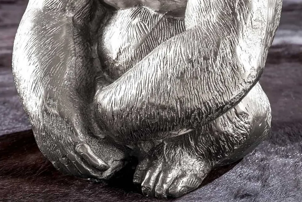 Runder Couchtisch WILDLIFE KONG 60cm silber Metall Glas Affenfigur Gorilla Skulptur handmade