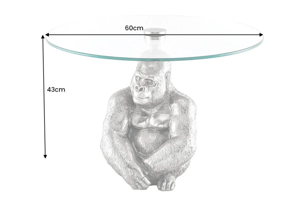 Runder Couchtisch WILDLIFE KONG 60cm silber Metall Glas Affenfigur Gorilla Skulptur handmade