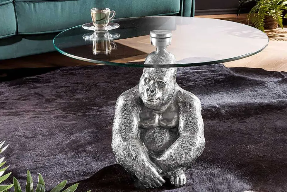 Runder Couchtisch WILDLIFE KONG 60cm silber Metall Glas Affenfigur Gorilla Skulptur handmade