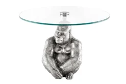 Runder Couchtisch WILDLIFE KONG 60cm silber Metall Glas Affenfigur Gorilla Skulptur handmade