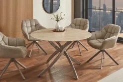 Runder Esstisch ALPINE 120cm natur Travertin Keramik champagner greige Metall