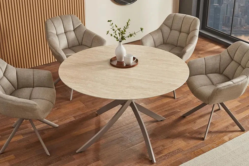 Runder Esstisch ALPINE 120cm natur Travertin Keramik champagner greige Metall