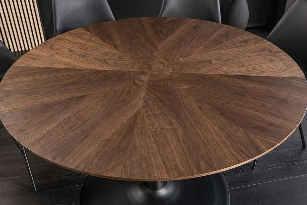 Runder Esstisch ATELIER 120cm braun Walnuss schwarzer Metall Säulenfuß