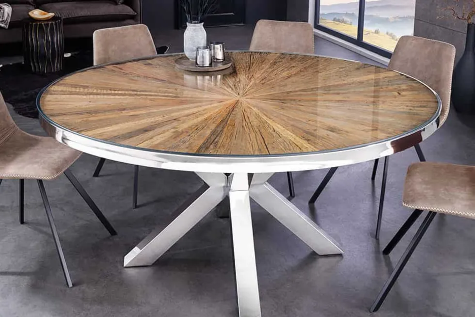 Runder Esstisch BARRACUDA 140cm braun Teak Massivholz Glas silber Edelstahl verchromt