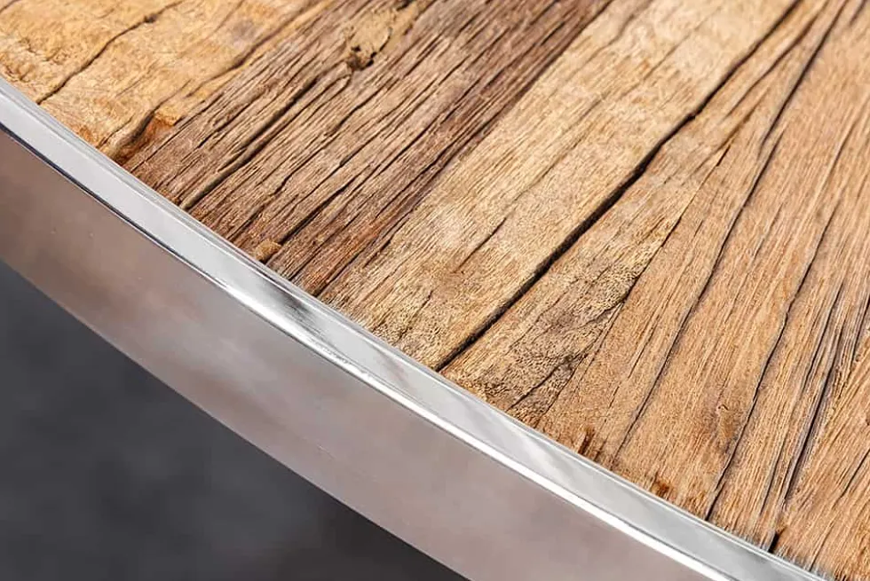 Runder Esstisch BARRACUDA 120cm braun Teak Massivholz Glasplatte silber Edelstahl verchromt