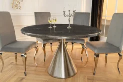 Runder Esstisch ELEGANCIA 130cm schwarz Marmor chrom Stahl mit Säulenfuß
