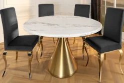 Runder Esstisch ELEGANCIA 130cm weiß Marmor gold Metall mit Säulenfuß