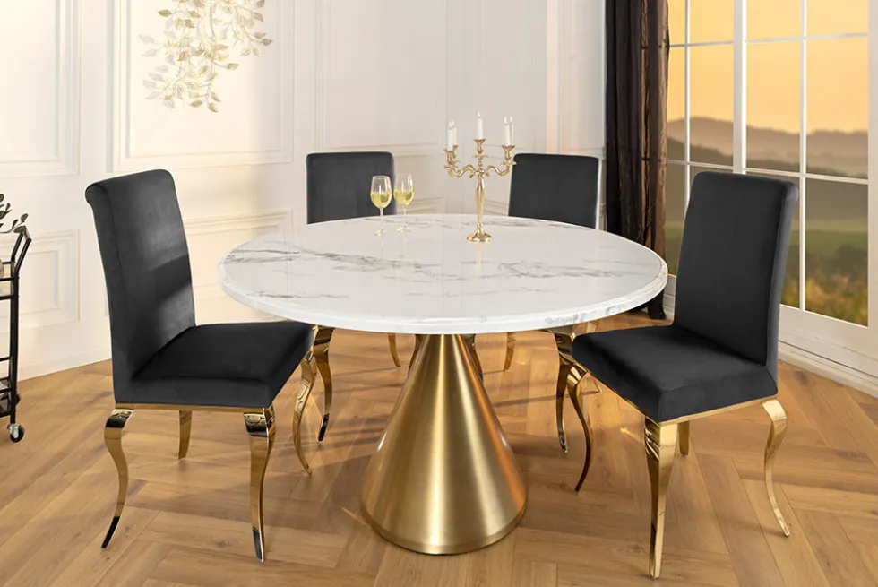 Runder Esstisch ELEGANCIA 130cm weiß Marmor gold Metall mit Säulenfuß