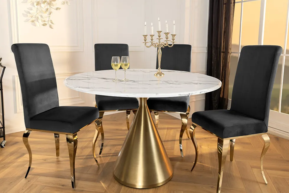 Runder Esstisch ELEGANCIA 130cm weiß Marmor gold Metall mit Säulenfuß
