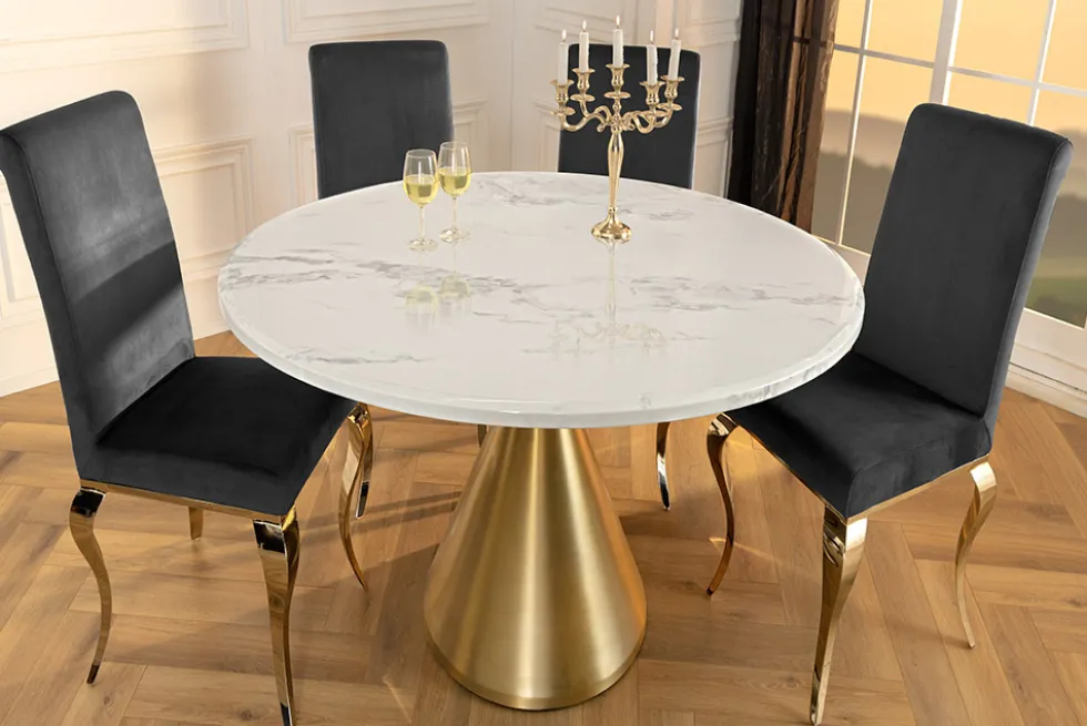 Runder Esstisch ELEGANCIA 130cm weiß Marmor gold Metall mit Säulenfuß