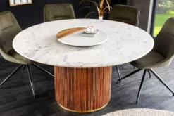 Runder Esstisch GATSBY 140cm braun gold Mangoholz weiße Marmorplatte Säulenfuß
