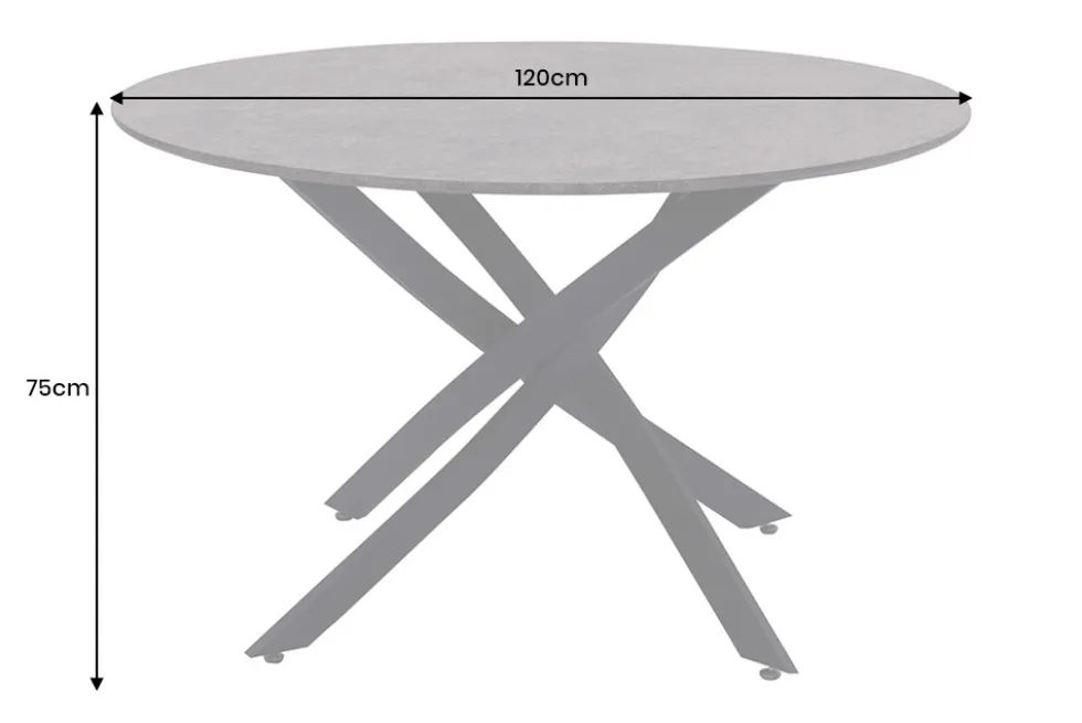 Runder Esstisch HELIX 120cm grau Beton-Design schwarze Metallbeine Sterngestell