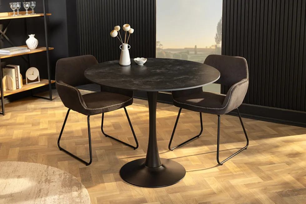 Runder Esstisch LYON 80cm anthrazit Marmor Keramik Bistrotisch schwarzer Säulenfuß