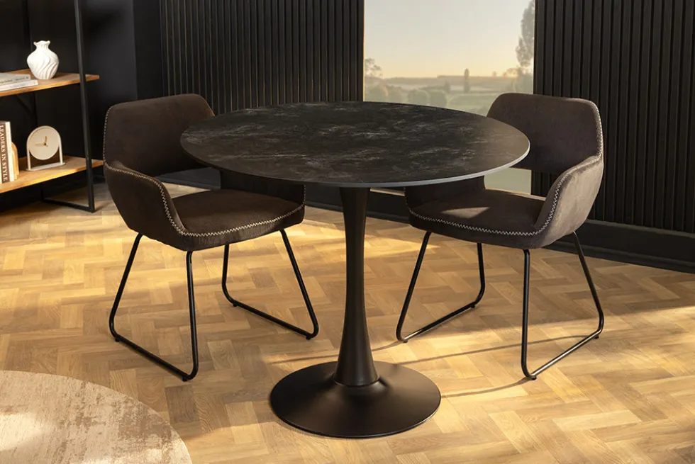 Runder Esstisch LYON 80cm anthrazit Marmor Keramik Bistrotisch schwarzer Säulenfuß