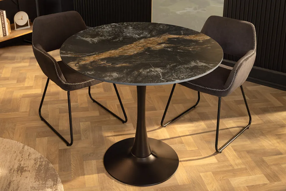 Runder Esstisch LYON 80cm schwarz gold sand Aurora Oro Keramik Bistrotisch Säulenfuß
