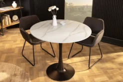 Runder Esstisch LYON 80cm weiß Marmor Keramik Bistrotisch schwarzer Säulenfuß