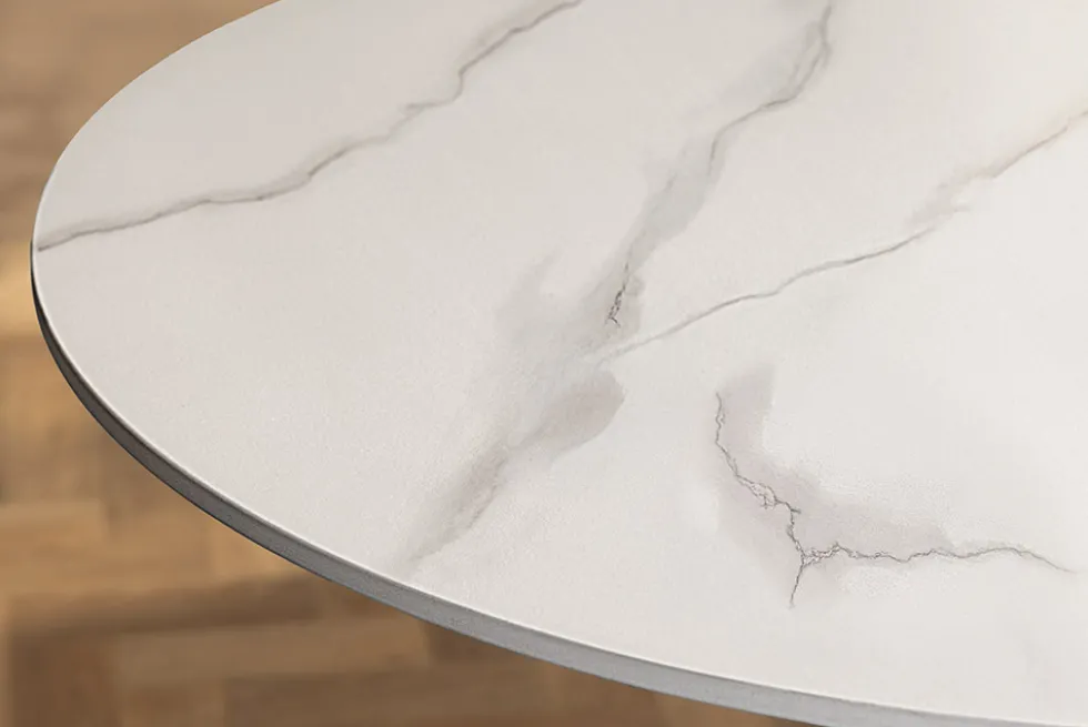 Runder Esstisch LYON 80cm weiß Marmor Keramik Bistrotisch schwarzer Säulenfuß