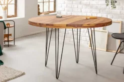 Runder Esstisch MAKASSAR 120cm braun Sheesham Massivholz stone finish Hairpin Legs