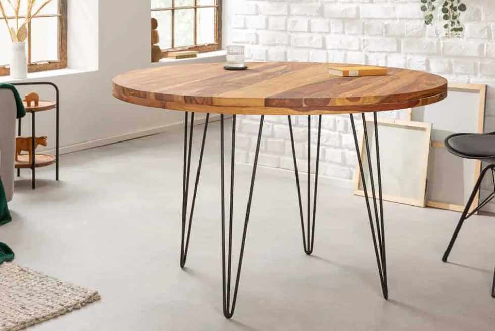 Runder Esstisch MAKASSAR 120cm braun Sheesham Massivholz stone finish Hairpin Legs