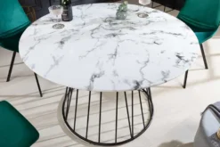 Runder Esstisch PARIS 120cm weiß Marmor-Design Glas schwarzes Metallgestell