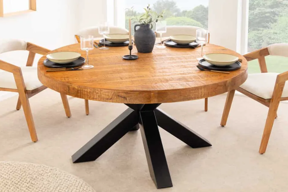 Runder Esstisch THOR 140cm natur massives Mangoholz schwarzes Metallgestell