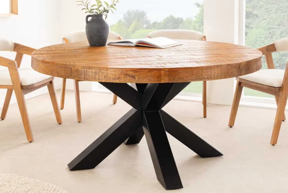 Runder Esstisch THOR 140cm natur massives Mangoholz schwarzes Metallgestell