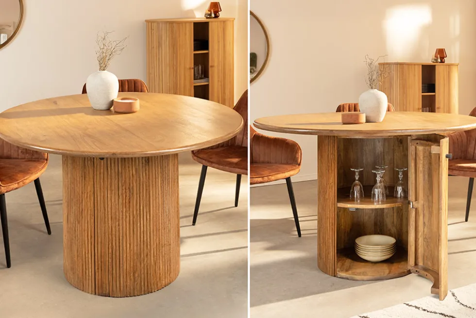 Runder Esstisch TRES CHIC 120cm braun Mangoholz Massivholz mit Stauraum