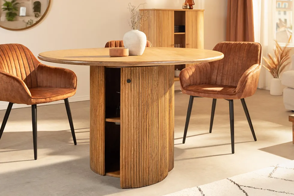 Runder Esstisch TRES CHIC 120cm braun Mangoholz Massivholz mit Stauraum