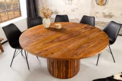 Runder Esstisch TRES CHIC 120cm braun Sheeshamholz stone finish massiv mit Säulenfuß