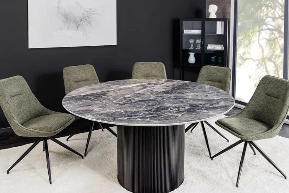 Runder Esstisch UNIQUE 120cm schwarz Keramik mit Säulenfuß