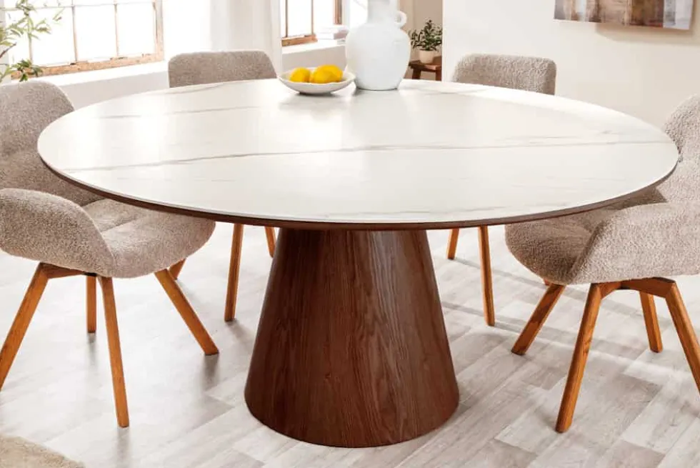 Runder Esstisch UNIQUE 120cm weiß braun Walnussholz Keramik Marmor Säulenfuß