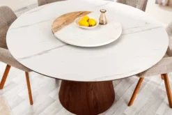 Runder Esstisch UNIQUE 120cm weiß braun Walnussholz Keramik Marmor Säulenfuß