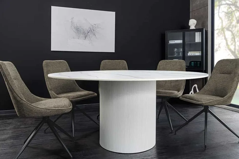 Runder Esstisch UNIQUE 120cm weiß Keramik mit Säulenfuß