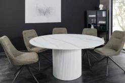 Runder Esstisch UNIQUE 120cm weiß Keramik mit Säulenfuß