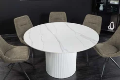 Runder Esstisch UNIQUE 120cm weiß Keramik mit Säulenfuß