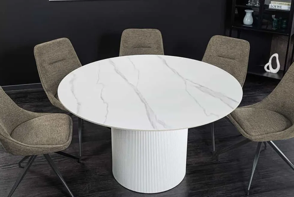 Runder Esstisch UNIQUE 120cm weiß Keramik mit Säulenfuß