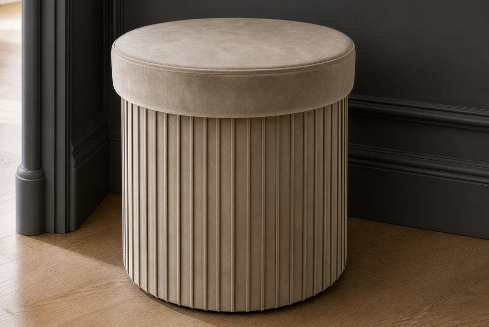 Runder Hocker ÉLAN 40cm champagner greige Samt faltbar mit Stauraum