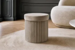 Runder Hocker ÉLAN 40cm champagner greige Samt faltbar mit Stauraum