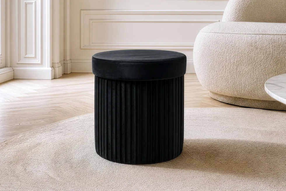 Runder Hocker ÉLAN 40cm schwarz Samt faltbar mit Stauraum