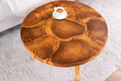 Runder Massivholz Couchtisch MOSAIK 60cm natur Teak Baumstamm handmade