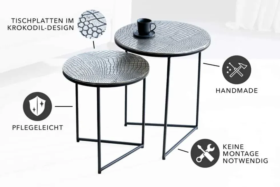 Rundes 2er Set Beistelltisch ELEMENTS 50cm silber antik Krokodil-Design handmade