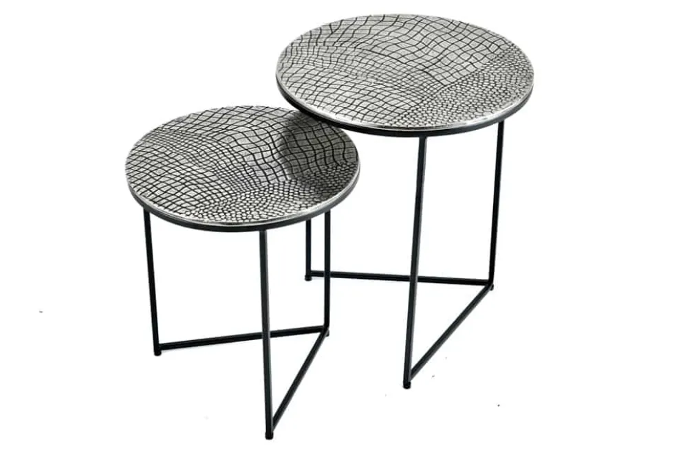 Rundes 2er Set Beistelltisch ELEMENTS 50cm silber antik Krokodil-Design handmade