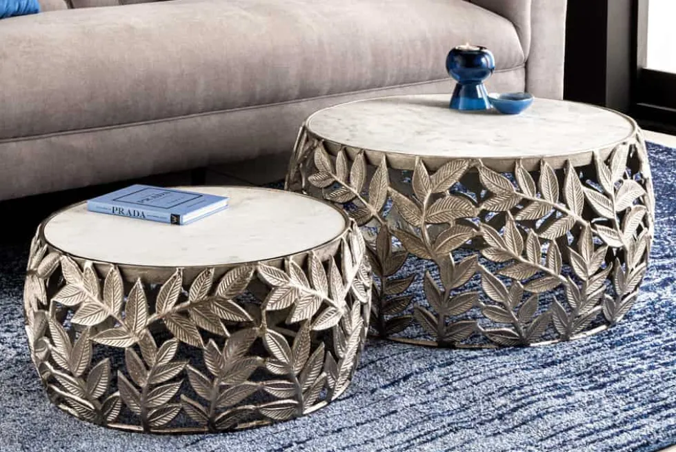 Rundes 2er Set Couchtische ABSTRACT LEAF 70cm weiß silber Marmor Metall Blatt-Design
