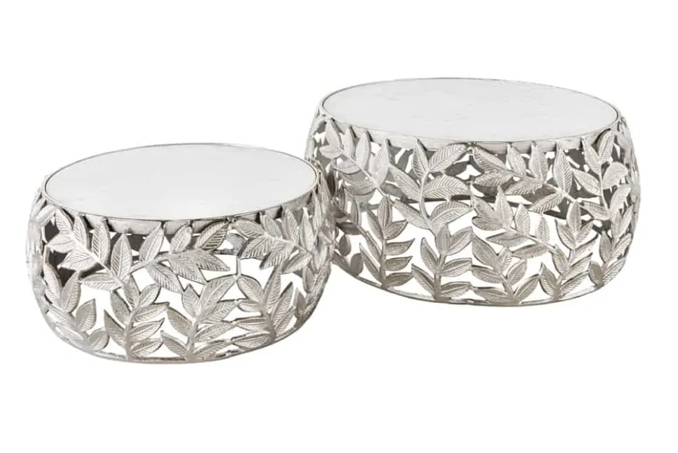 Rundes 2er Set Couchtische ABSTRACT LEAF 70cm weiß silber Marmor Metall Blatt-Design