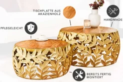 Rundes 2er Set Couchtische ABSTRACT LEAF 70cm natur gold Massivholz Akazie Metall Blatt-Design