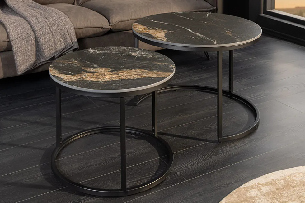 Rundes 2er Set Couchtische ELEGANCE 75cm schwarz gold sand Aurora Oro Keramik