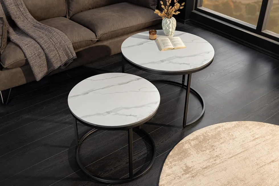 Rundes 2er Set Couchtische ELEGANCE 75cm weiß Keramik schwarz Metall