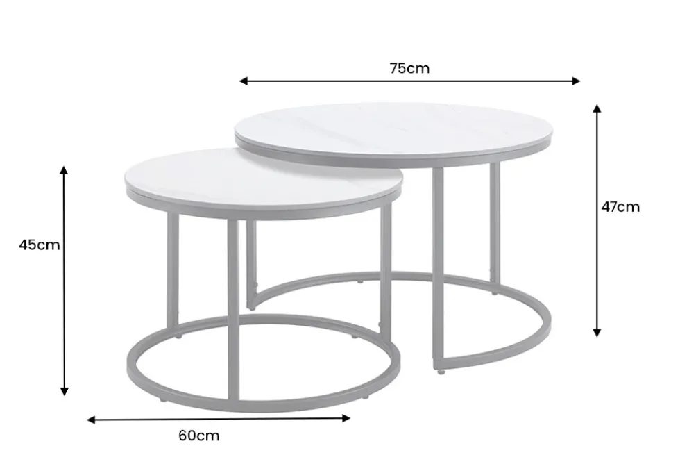 Rundes 2er Set Couchtische ELEGANCE 75cm weiß Keramik schwarz Metall
